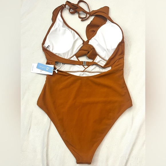 Cupshe One Piece Burnt Orange Open Back Swim Swimsuit w/ Ruffles Sz Large - Picture 13 of 16